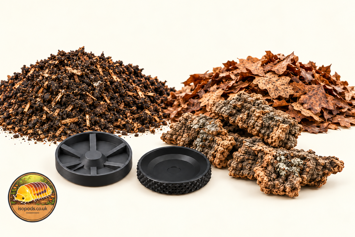 Illustrative contents of Adult Flower Beetle Starter Bundle — No Enclosure with Isopods.co.uk logo at bottom left