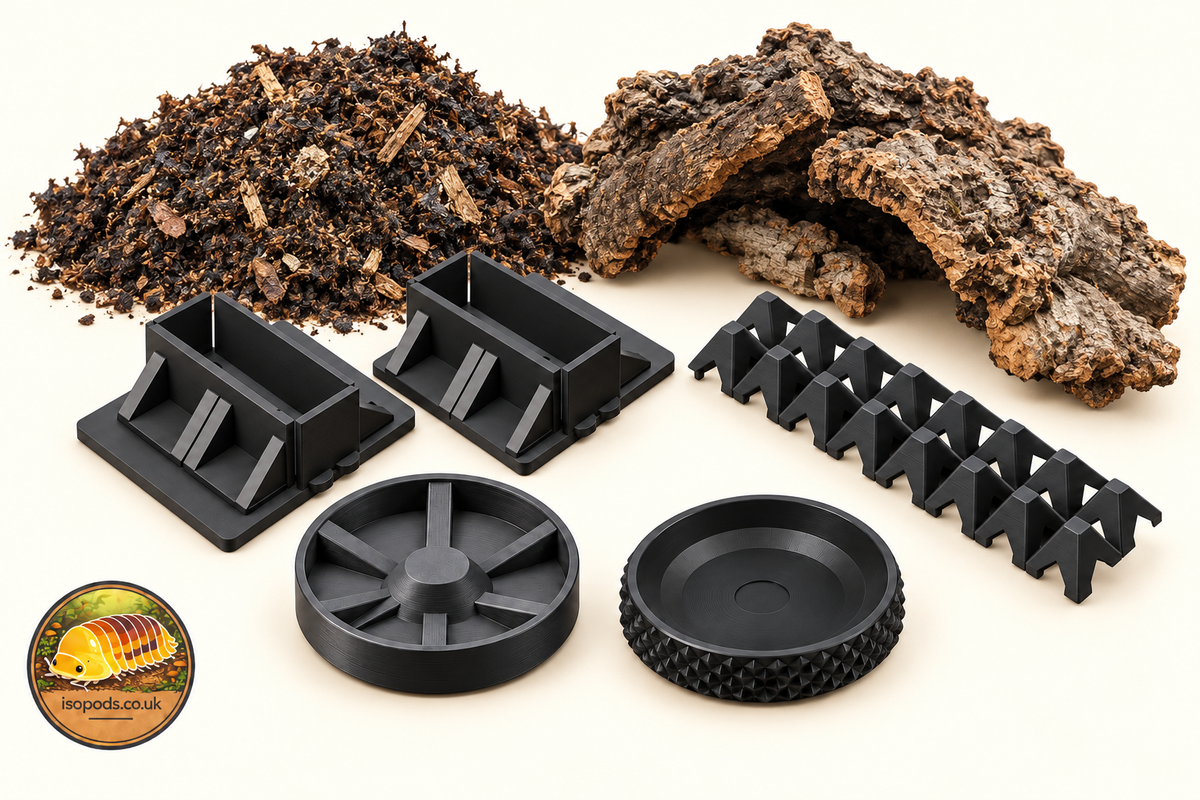 Illustrative contents of Dubia Roach Starter Bundle — No Enclosure with Isopods.co.uk logo at bottom left; includes substrate and cork bark